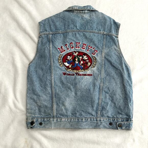 Mickey Mouse Inc World Travelers REVERSIBLE Denim Vest Mens Medium Plaid Vtg 90s - Picture 13 of 13
